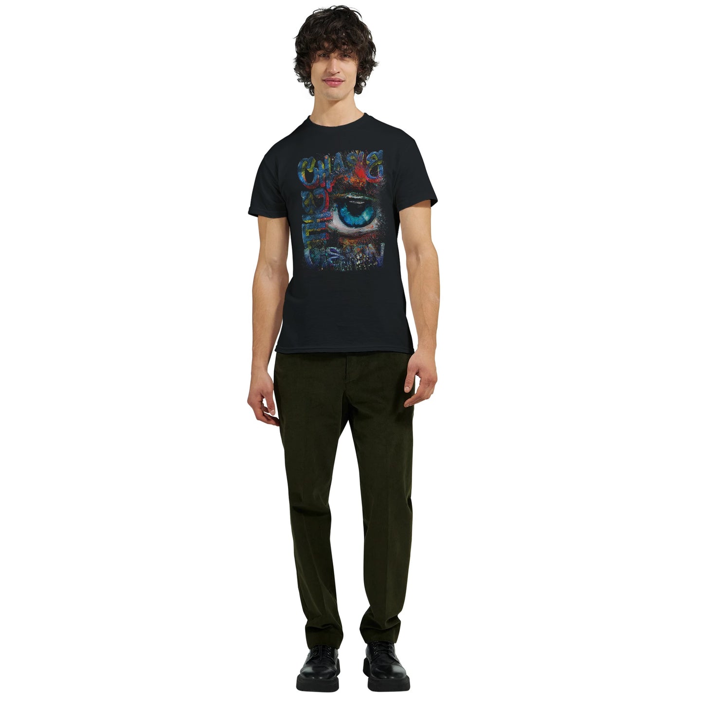 Chase the Vision Black t-shirt showcasing a vibrant eye design with an explosion of color, symbolizing creativity and focus from the Limited Edition Collection, worn by male model four.