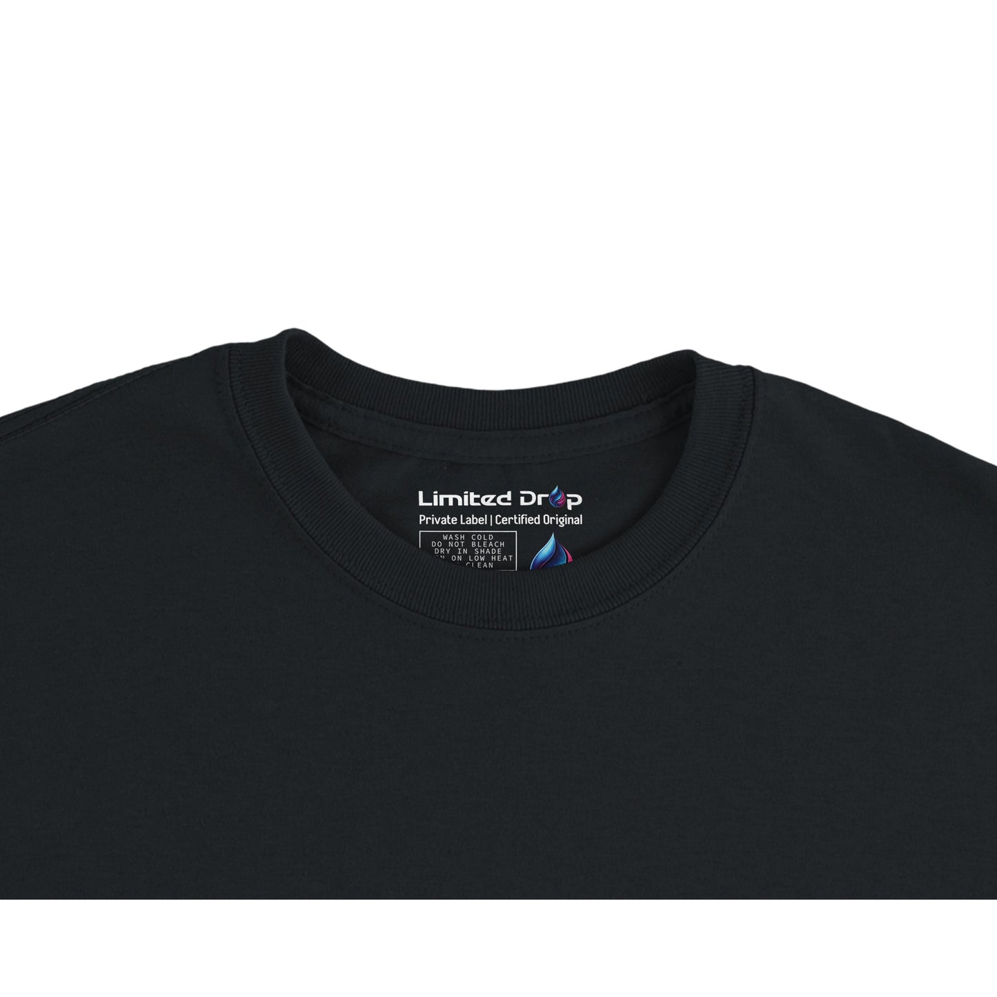 Chase the Vision Black t-shirt close-up of neck label showing Limited Drop private label branding.