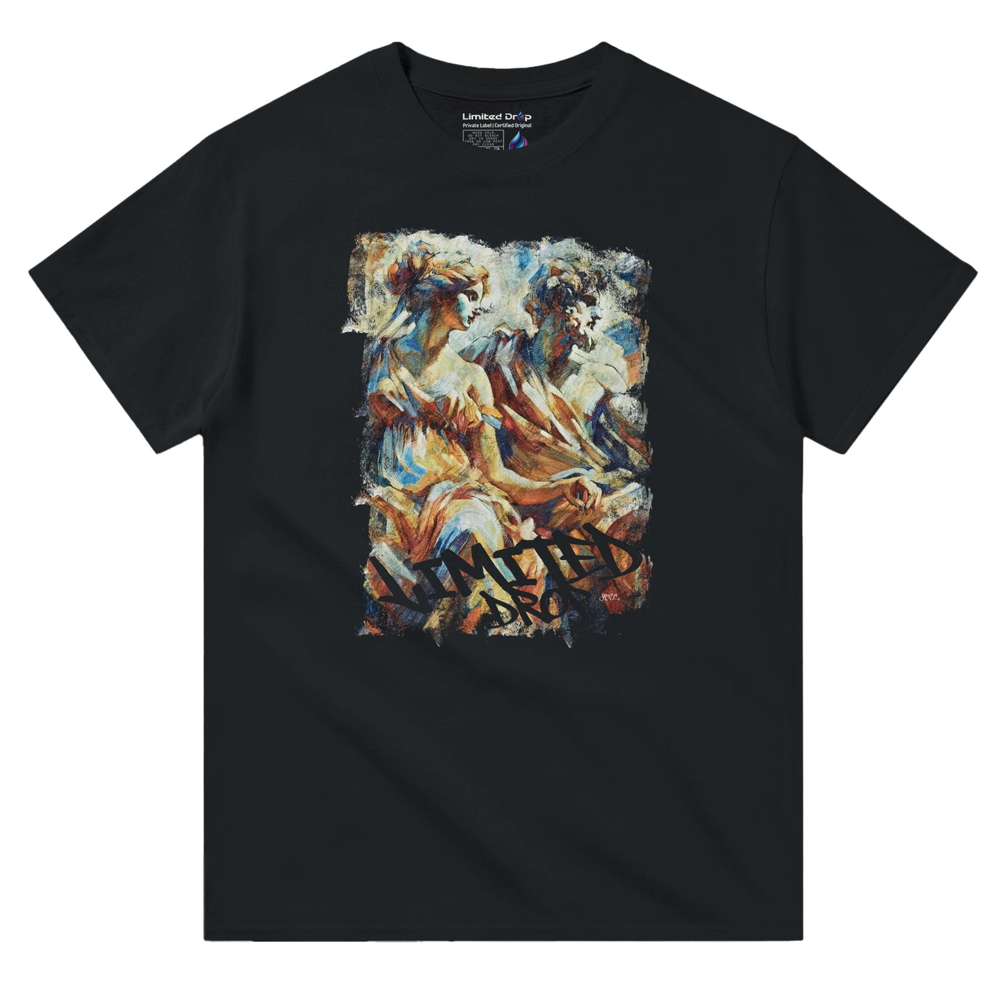 Ancient Drip black t-shirt front view featuring classical art of two ancient figures and graffiti-style Limited Drop text