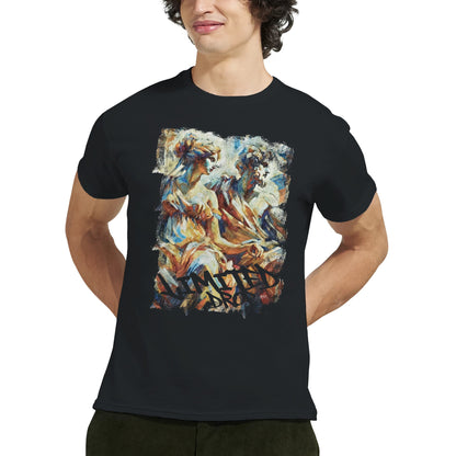 Ancient Drip black t-shirt featuring classical art of two ancient figures and graffiti-style Limited Drop text, worn by male model three