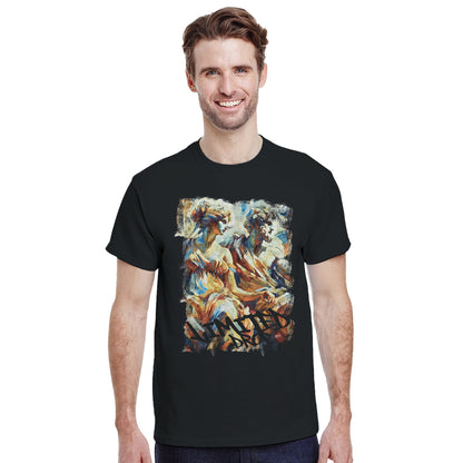 Ancient Drip black t-shirt featuring classical art of two ancient figures and graffiti-style Limited Drop text, worn by male model two