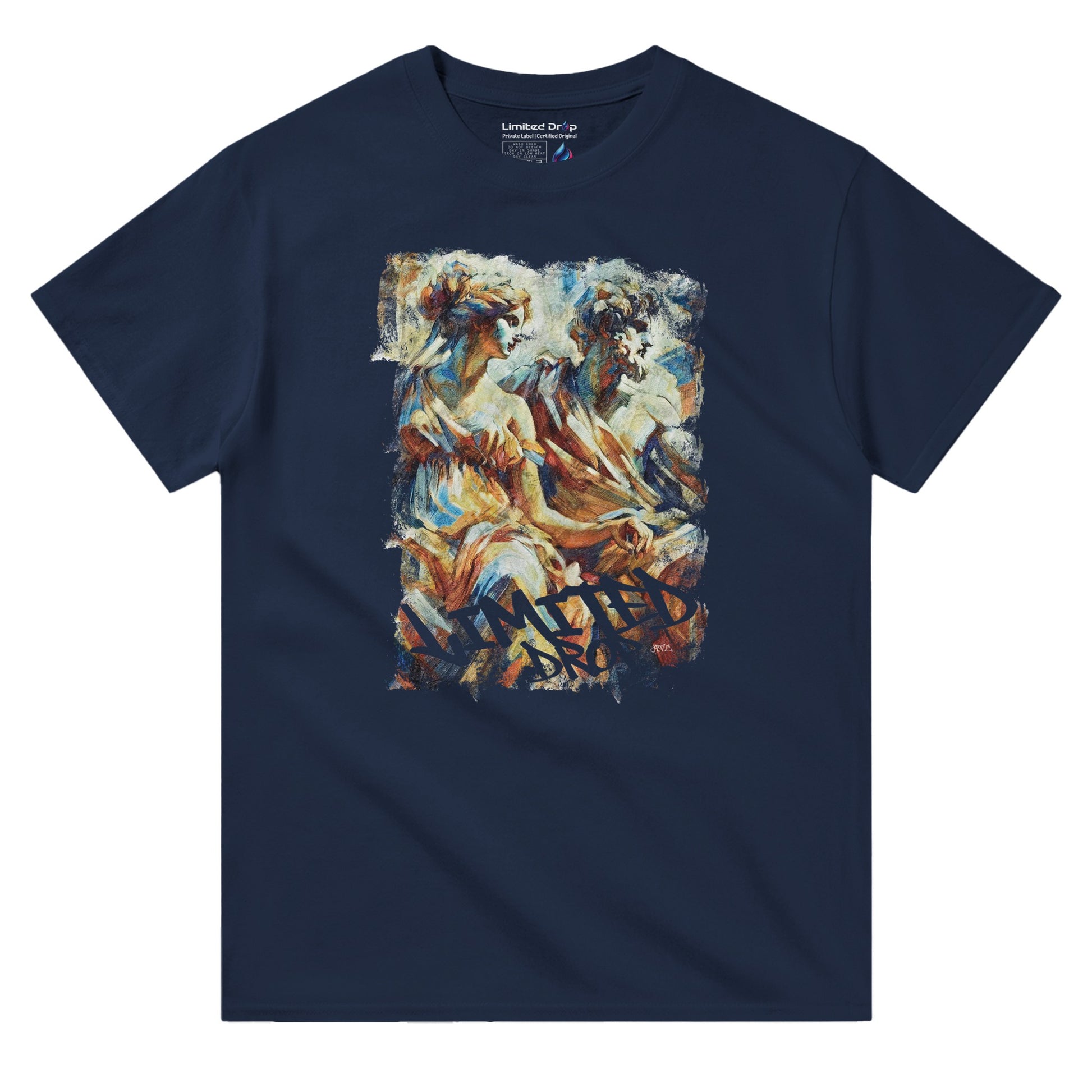 Ancient Drip Navy t-shirt front view featuring classical art of two ancient figures and graffiti-style Limited Drop text