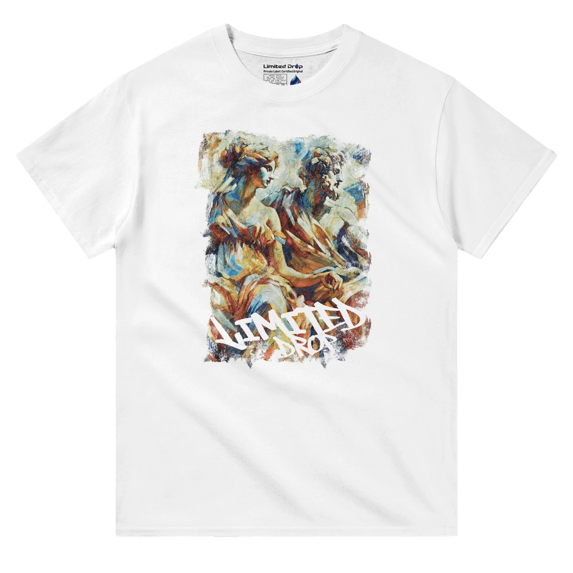 Ancient Drip White t-shirt front view featuring classical art of two ancient figures and graffiti-style Limited Drop text