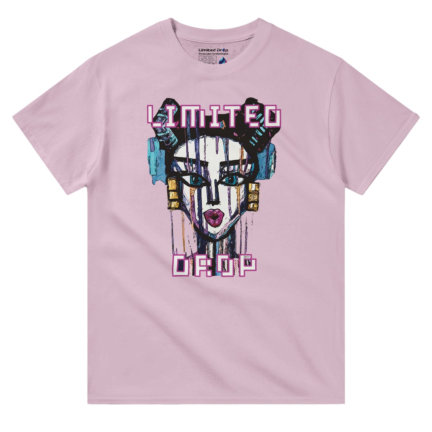 Atomic Queen Light Pink t-shirt front view showcasing a bold street art-inspired design of a modern woman with sharp lines and vibrant colors, embodying confidence and power.