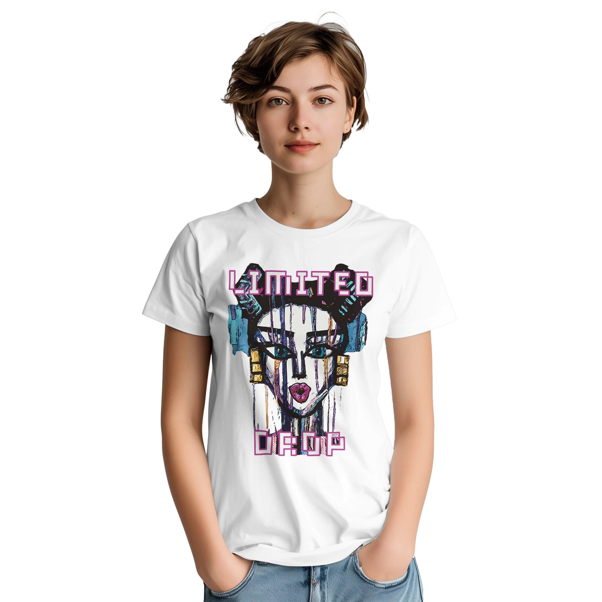 Atomic Queen White t-shirt showcasing a bold street art-inspired design of a modern woman with sharp lines and vibrant colors, embodying confidence and power, worn by female model.