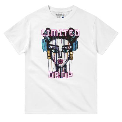 Atomic Queen White t-shirt front view showcasing a bold street art-inspired design of a modern woman with sharp lines and vibrant colors, embodying confidence and power.