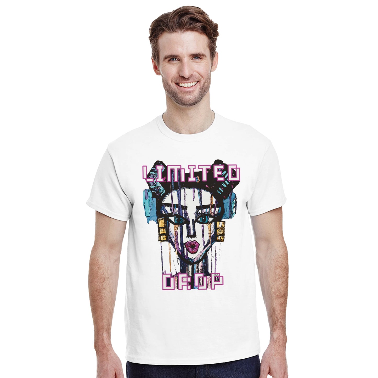 Atomic Queen White t-shirt showcasing a bold street art-inspired design of a modern woman with sharp lines and vibrant colors, embodying confidence and power, worn by male model.