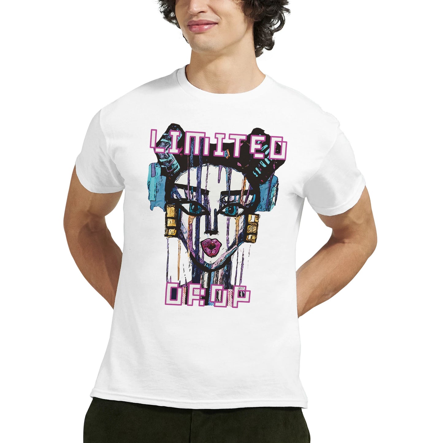 Atomic Queen White t-shirt showcasing a bold street art-inspired design of a modern woman with sharp lines and vibrant colors, embodying confidence and power, worn by male model three.