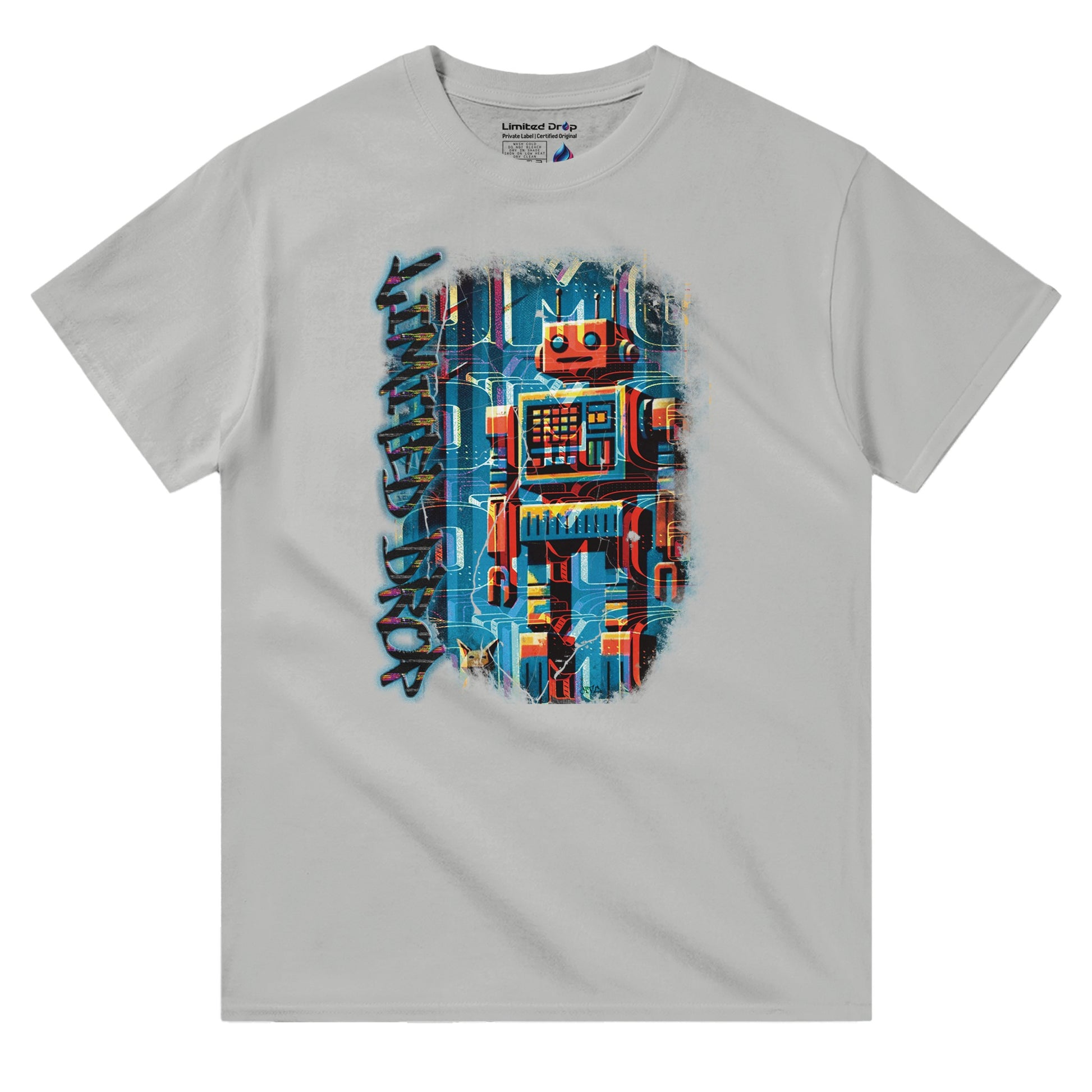 Byte Future Ash t-shirt front view showcasing a retro-inspired robot design with playful colors, blending vintage tech with modern edge from the Limited Edition Collection.