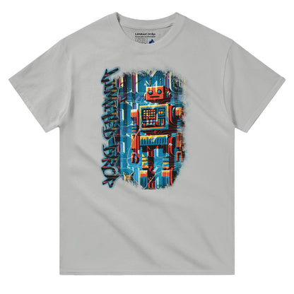 Byte Future Ash t-shirt front view showcasing a retro-inspired robot design with playful colors, blending vintage tech with modern edge from the Limited Edition Collection.