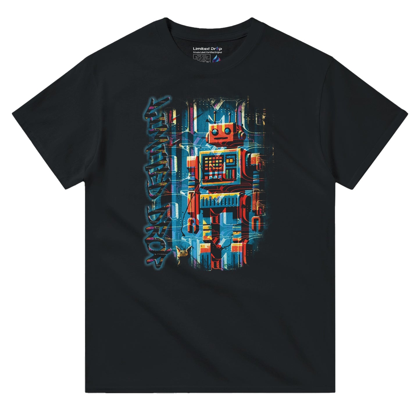 Byte Future black t-shirt front view showcasing a retro-inspired robot design with playful colors, blending vintage tech with modern edge from the Limited Edition Collection.