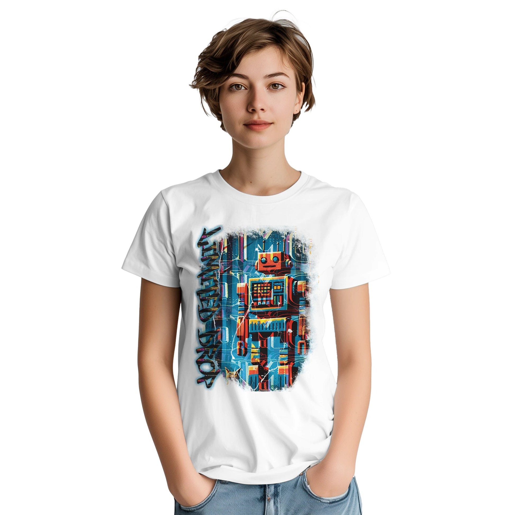 Byte Future White t-shirt showcasing a retro-inspired robot design with playful colors, blending vintage tech with modern edge from the Limited Edition Collection, worn by female model.