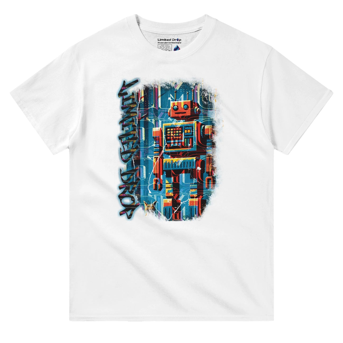 Byte Future White t-shirt front view showcasing a retro-inspired robot design with playful colors, blending vintage tech with modern edge from the Limited Edition Collection.