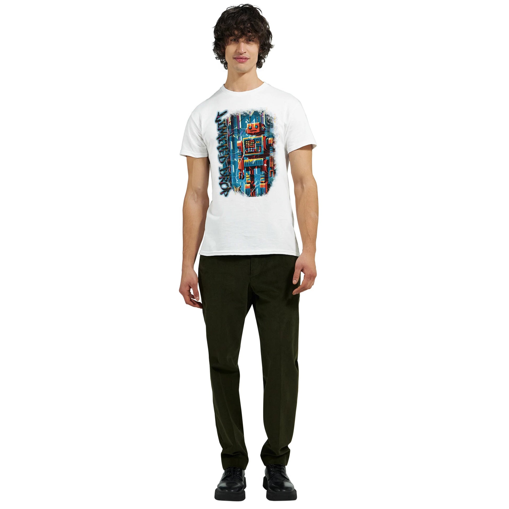 Byte Future White t-shirt showcasing a retro-inspired robot design with playful colors, blending vintage tech with modern edge from the Limited Edition Collection, worn by male model.