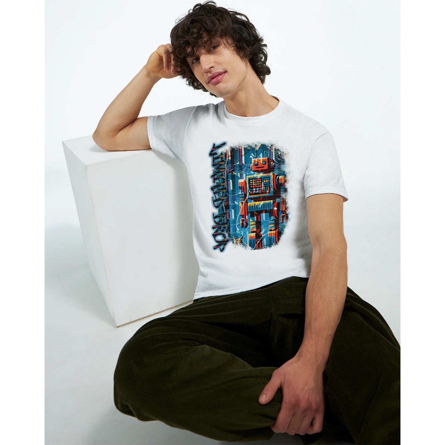 Byte Future White t-shirt showcasing a retro-inspired robot design with playful colors, blending vintage tech with modern edge from the Limited Edition Collection, worn by male model five.