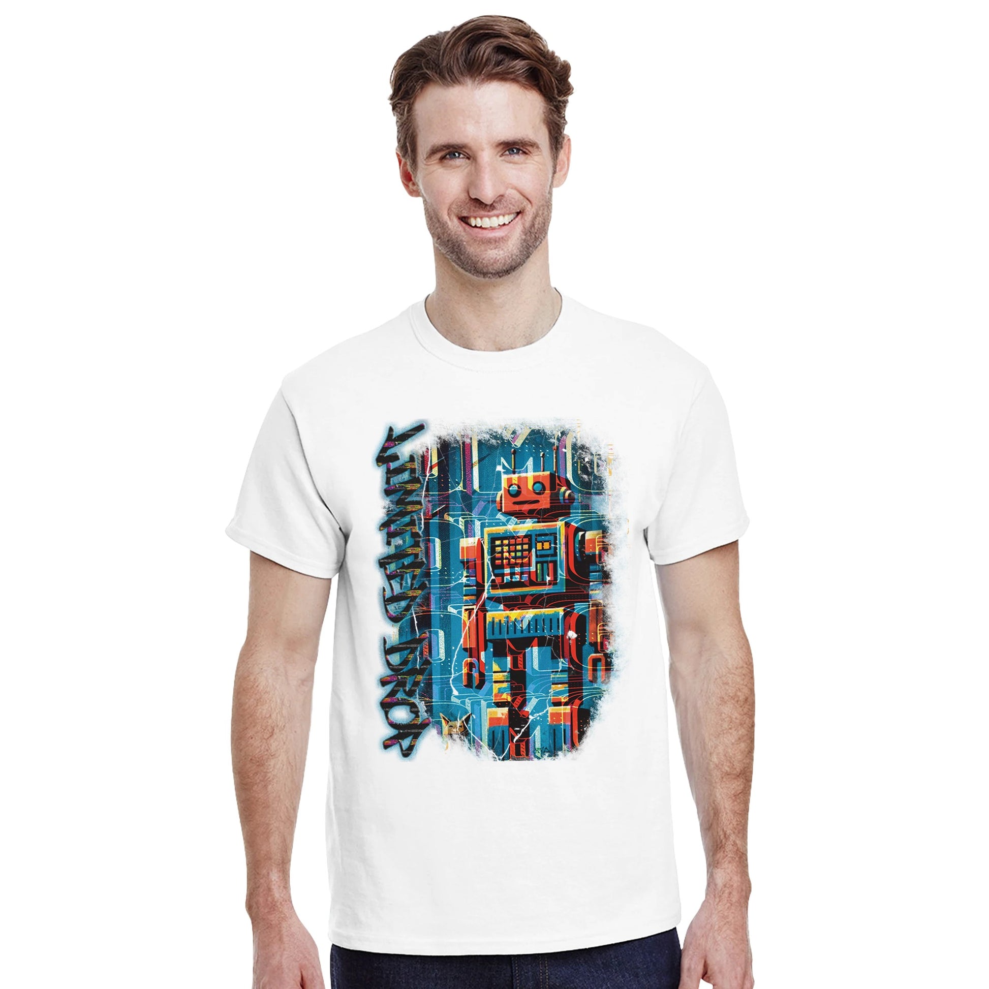 Byte Future White t-shirt showcasing a retro-inspired robot design with playful colors, blending vintage tech with modern edge from the Limited Edition Collection, worn by male model four.