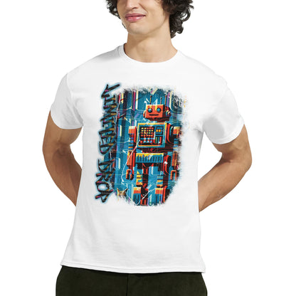 Byte Future White t-shirt showcasing a retro-inspired robot design with playful colors, blending vintage tech with modern edge from the Limited Edition Collection, worn by male model two.