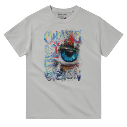 Chase the Vision Ash t-shirt front view showcasing a vibrant eye design with an explosion of color, symbolizing creativity and focus from the Limited Edition Collection.