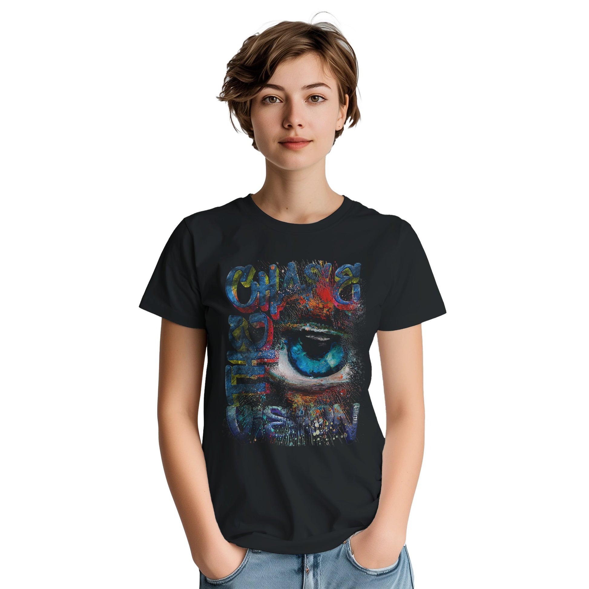 Chase the Vision Black t-shirt showcasing a vibrant eye design with an explosion of color, symbolizing creativity and focus from the Limited Edition Collection, worn by female model.