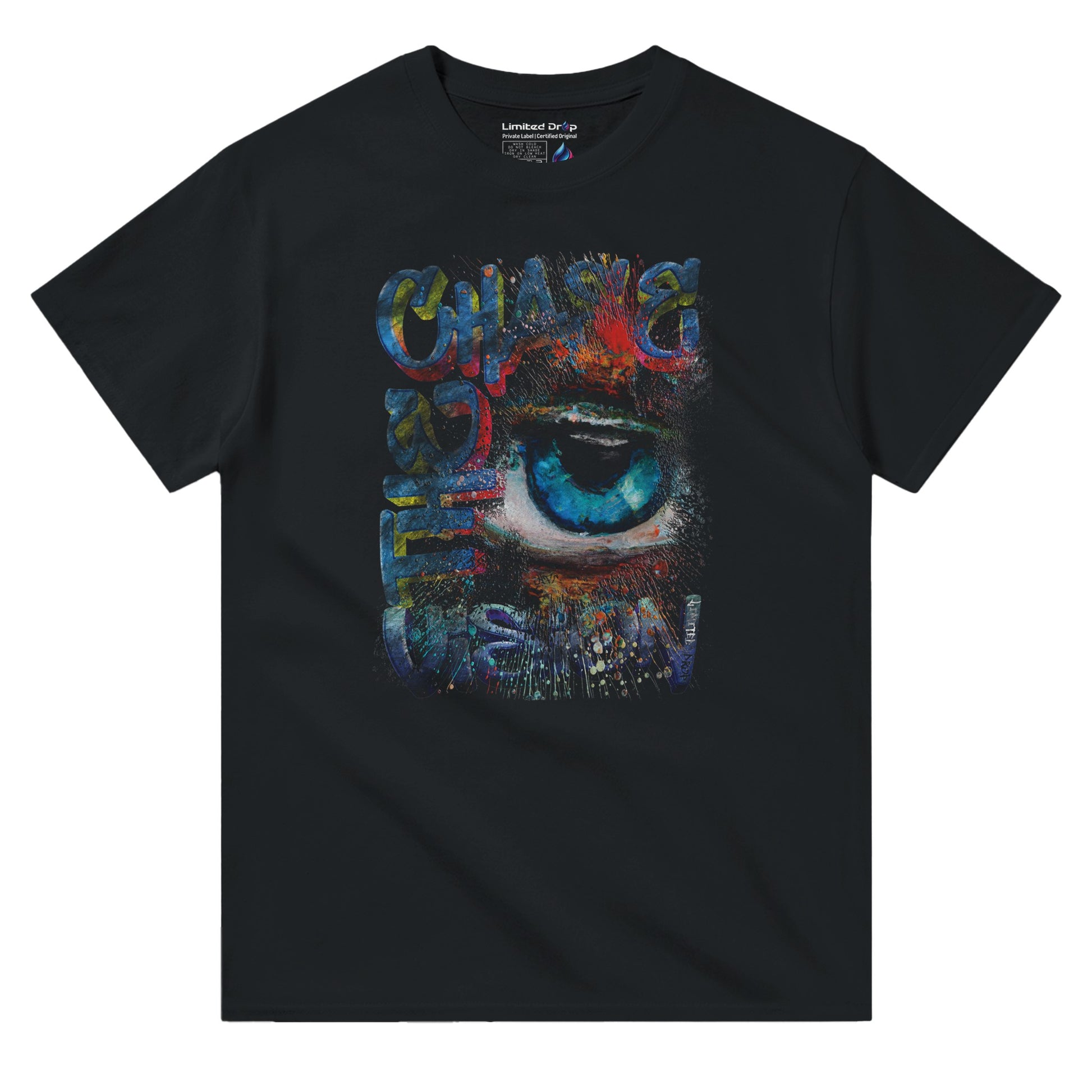 Chase the Vision black t-shirt front view showcasing a vibrant eye design with an explosion of color, symbolizing creativity and focus from the Limited Edition Collection.