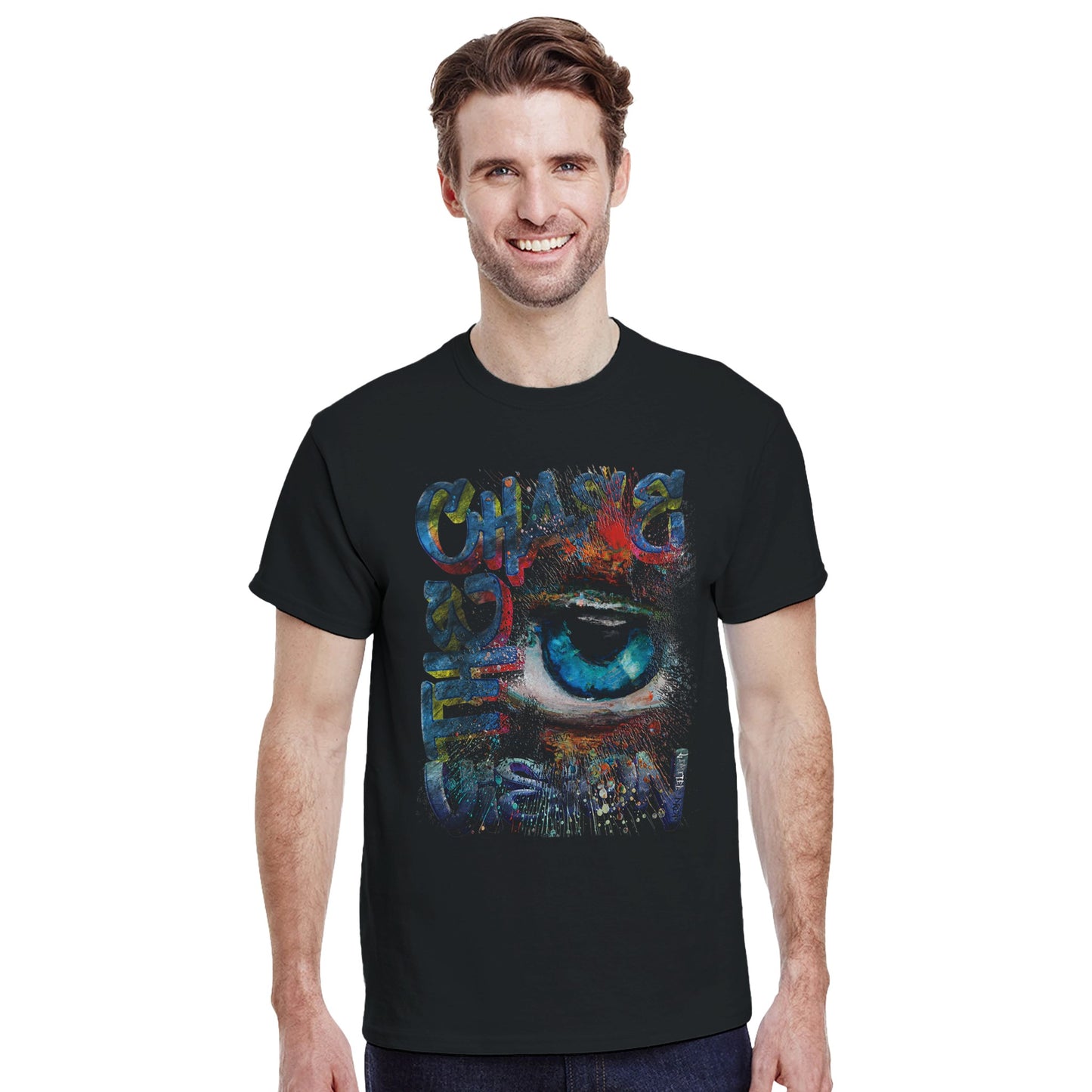 Chase the Vision Black t-shirt showcasing a vibrant eye design with an explosion of color, symbolizing creativity and focus from the Limited Edition Collection, worn by male model three.