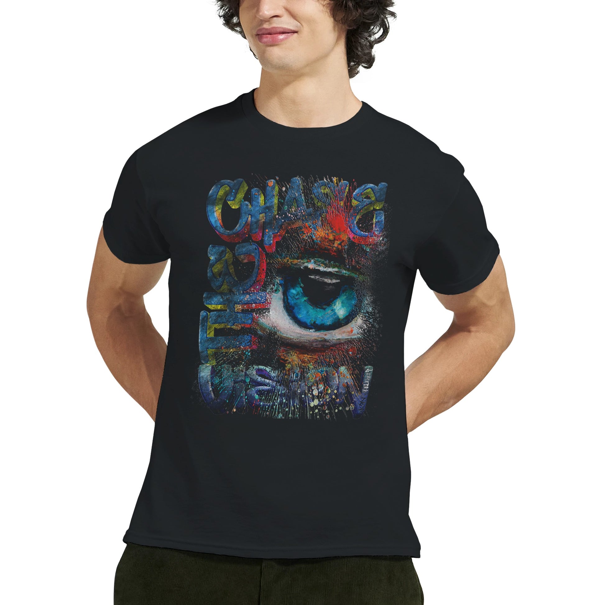 Chase the Vision Black t-shirt showcasing a vibrant eye design with an explosion of color, symbolizing creativity and focus from the Limited Edition Collection, worn by male model two.