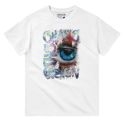 Chase the Vision White t-shirt front view showcasing a vibrant eye design with an explosion of color, symbolizing creativity and focus from the Limited Edition Collection.