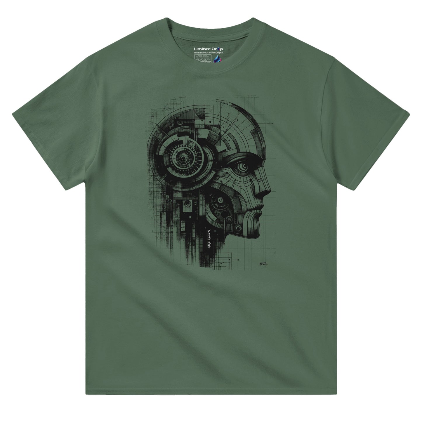 Codebreaker Military Green t-shirt front view showcasing intricate circuits and mechanical details forming the profile of a futuristic being, representing the fusion of technology and creativity from the Limited Edition Collection.