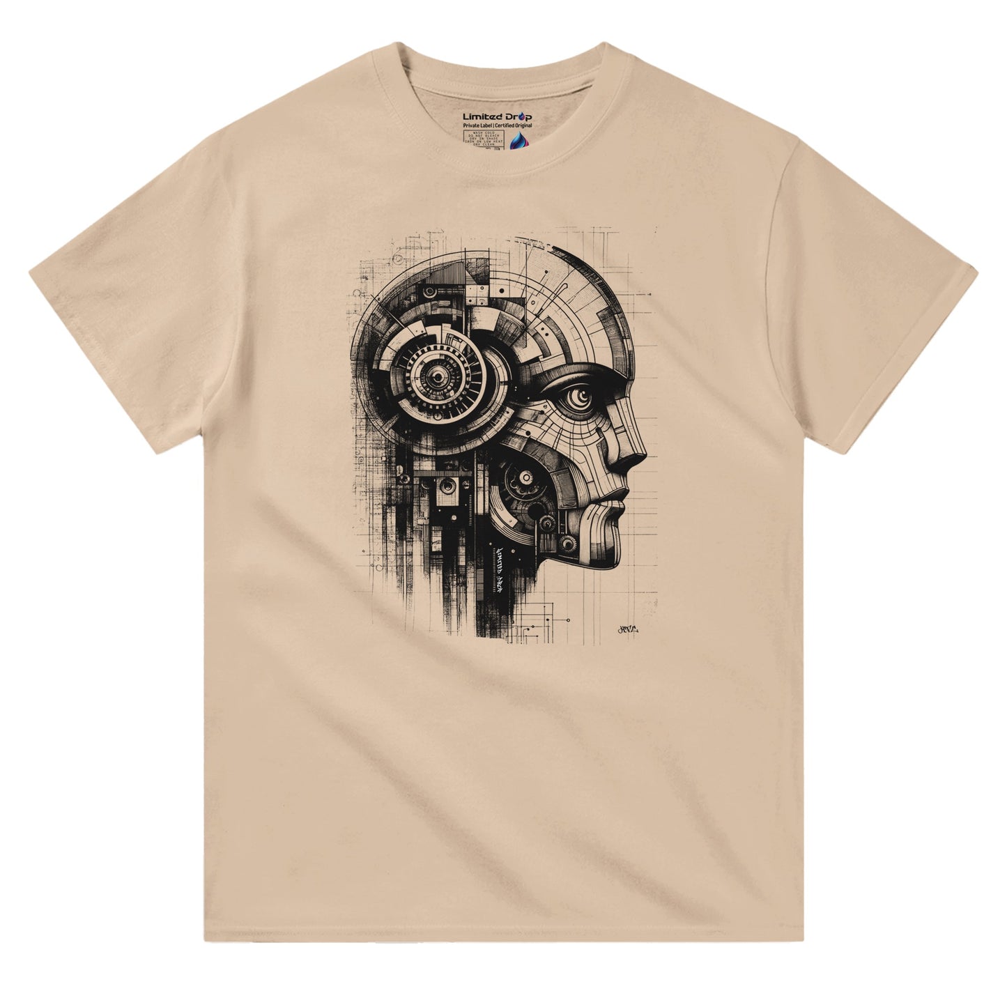 Codebreaker Natural t-shirt front view showcasing intricate circuits and mechanical details forming the profile of a futuristic being, representing the fusion of technology and creativity from the Limited Edition Collection.