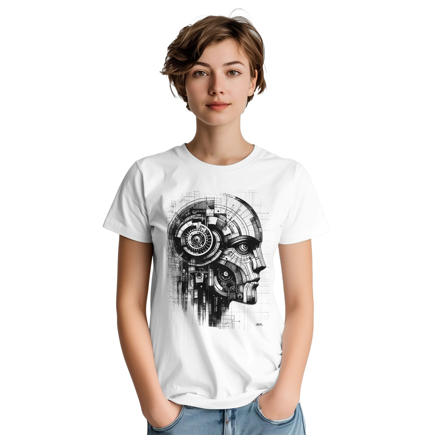 Codebreaker White t-shirt showcasing intricate circuits and mechanical details forming the profile of a futuristic being, representing the fusion of technology and creativity from the Limited Edition Collection, worn by female model.