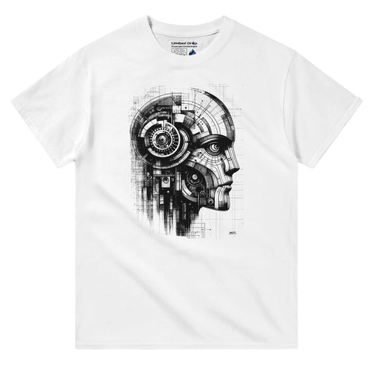 Codebreaker White t-shirt front view showcasing intricate circuits and mechanical details forming the profile of a futuristic being, representing the fusion of technology and creativity from the Limited Edition Collection.