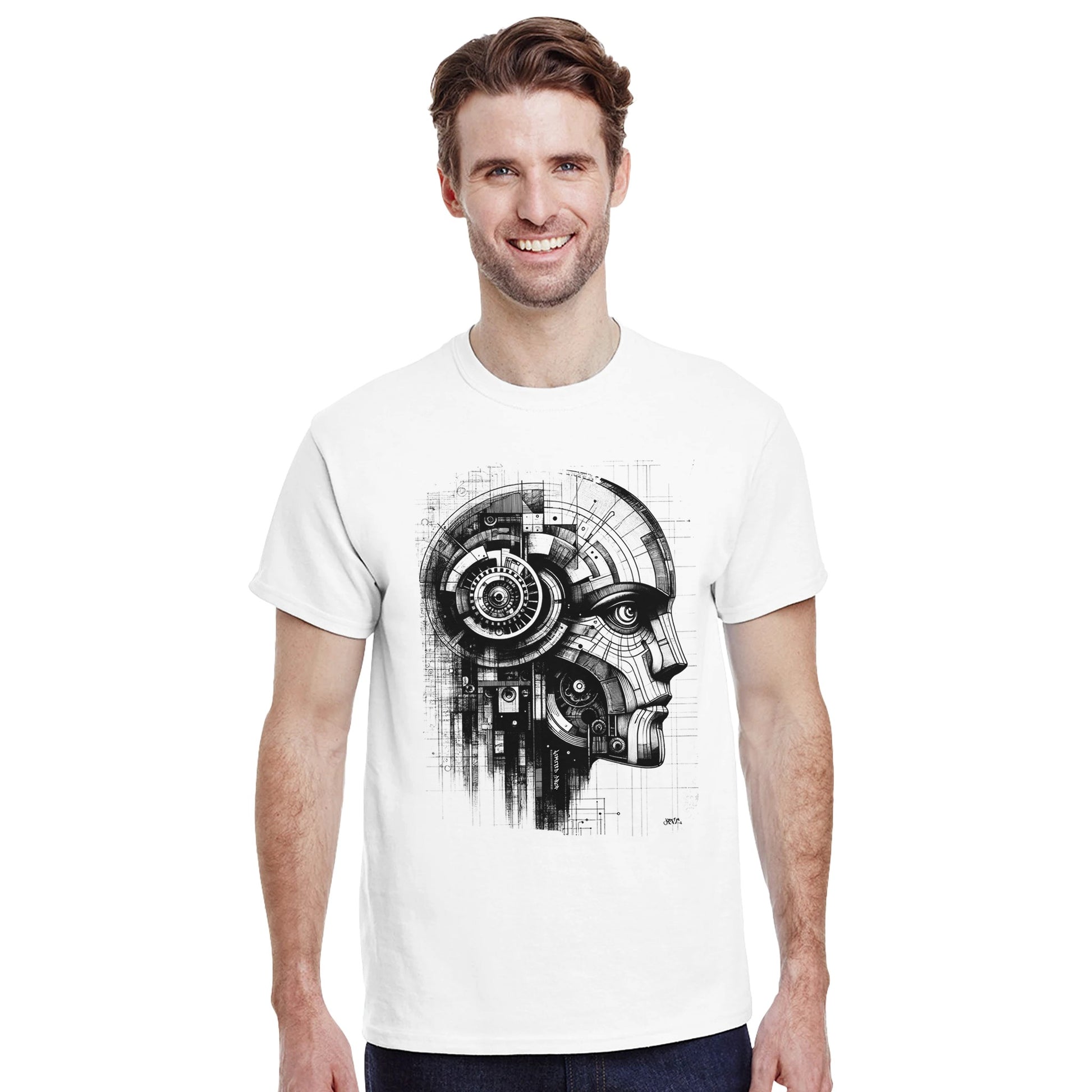 Codebreaker White t-shirt showcasing intricate circuits and mechanical details forming the profile of a futuristic being, representing the fusion of technology and creativity from the Limited Edition Collection, worn by male model.