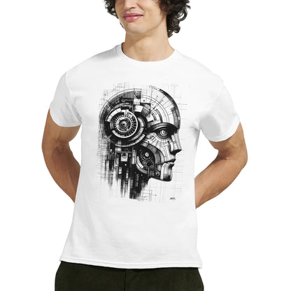 Codebreaker White t-shirt showcasing intricate circuits and mechanical details forming the profile of a futuristic being, representing the fusion of technology and creativity from the Limited Edition Collection, worn by male model five.