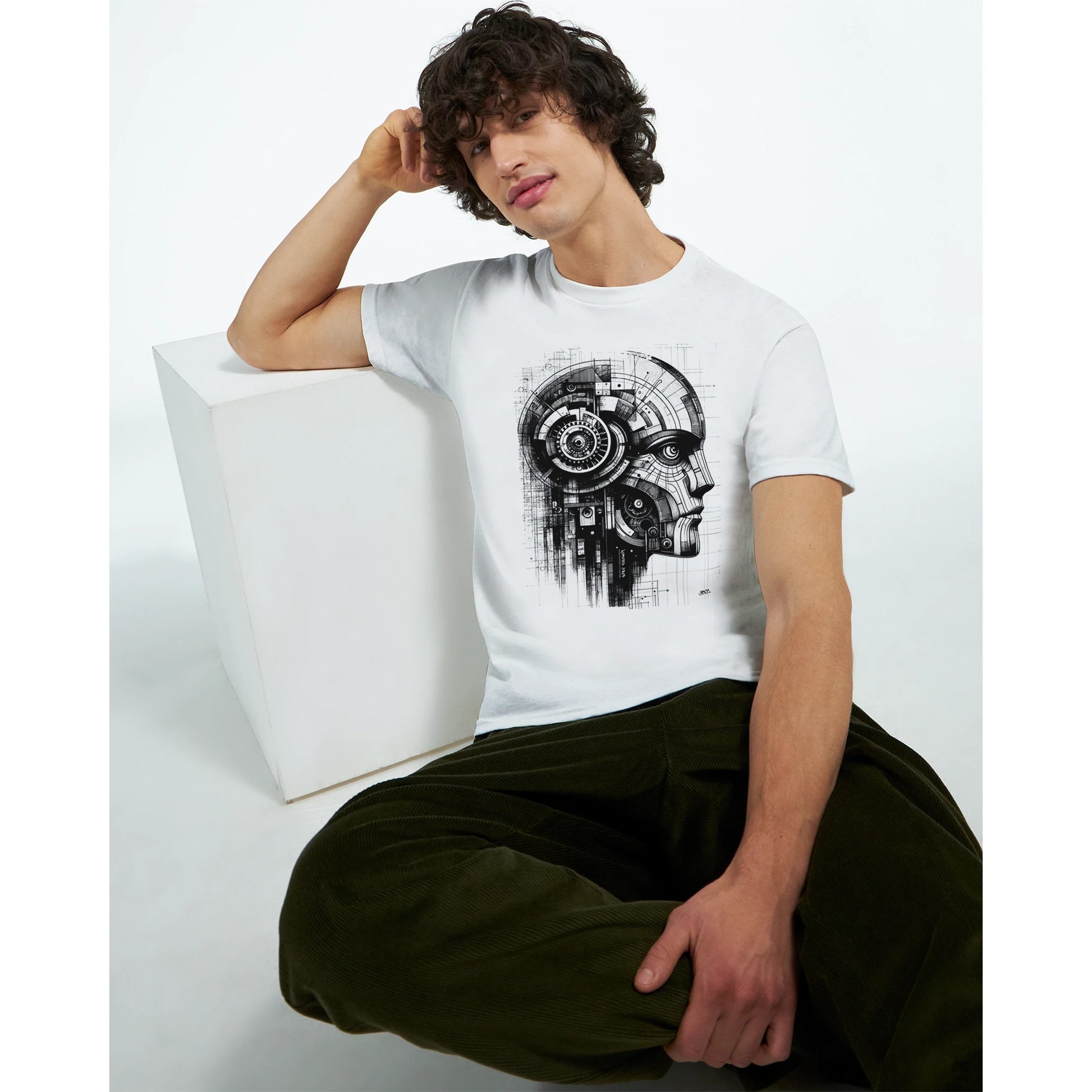 Codebreaker White t-shirt showcasing intricate circuits and mechanical details forming the profile of a futuristic being, representing the fusion of technology and creativity from the Limited Edition Collection, worn by male model four.