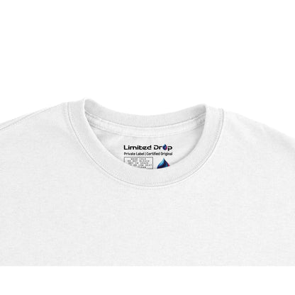 Codebreaker White t-shirt close-up of neck label showing Limited Drop private label branding.